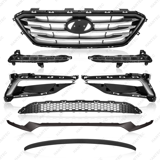 Upper & Lower Grille + Bumper Trim + Fog Light with Bezels Compatible with 2015-2017 Hyundai Sonata Sport
