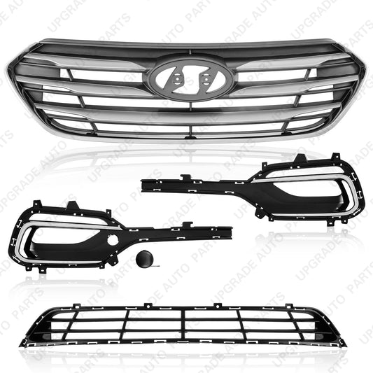 Front Grille Set With Lower Grille & Fog Lamp Covers, Compatible with 2017 2018 Hyundai Santa Fe Sport
