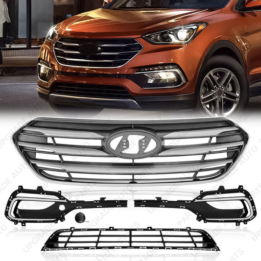 Front Grille Set With Lower Grille & Fog Lamp Covers, Compatible with 2017 2018 Hyundai Santa Fe Sport