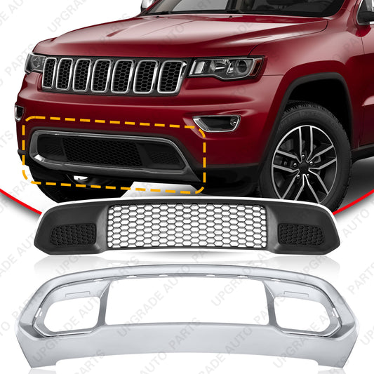 Front Lower Grille & Chrome Bumper Grill Bezel Compatible with 2017-2022 Jeep Grand Cherokee