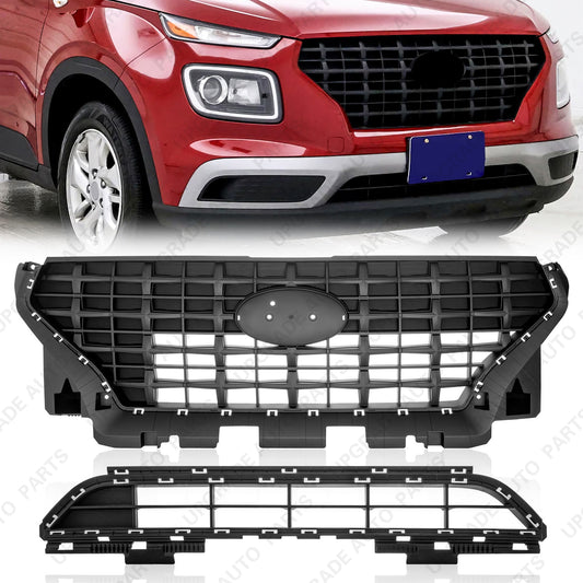 Black Upper Grille & Lower Grille Without ACC Compatible with 2020-2025 Hyundai Venue SE/SEL