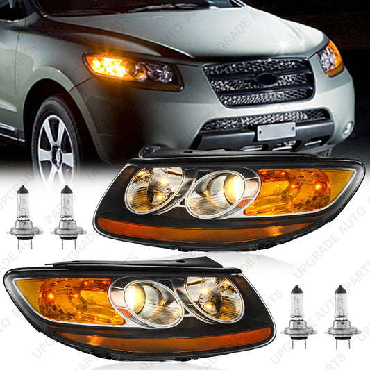 Halogen Headlight Assembly Compatible with 2007-2012 Hyundai Santa Fe SE/Limited/GLS, Driver & Passenger Side